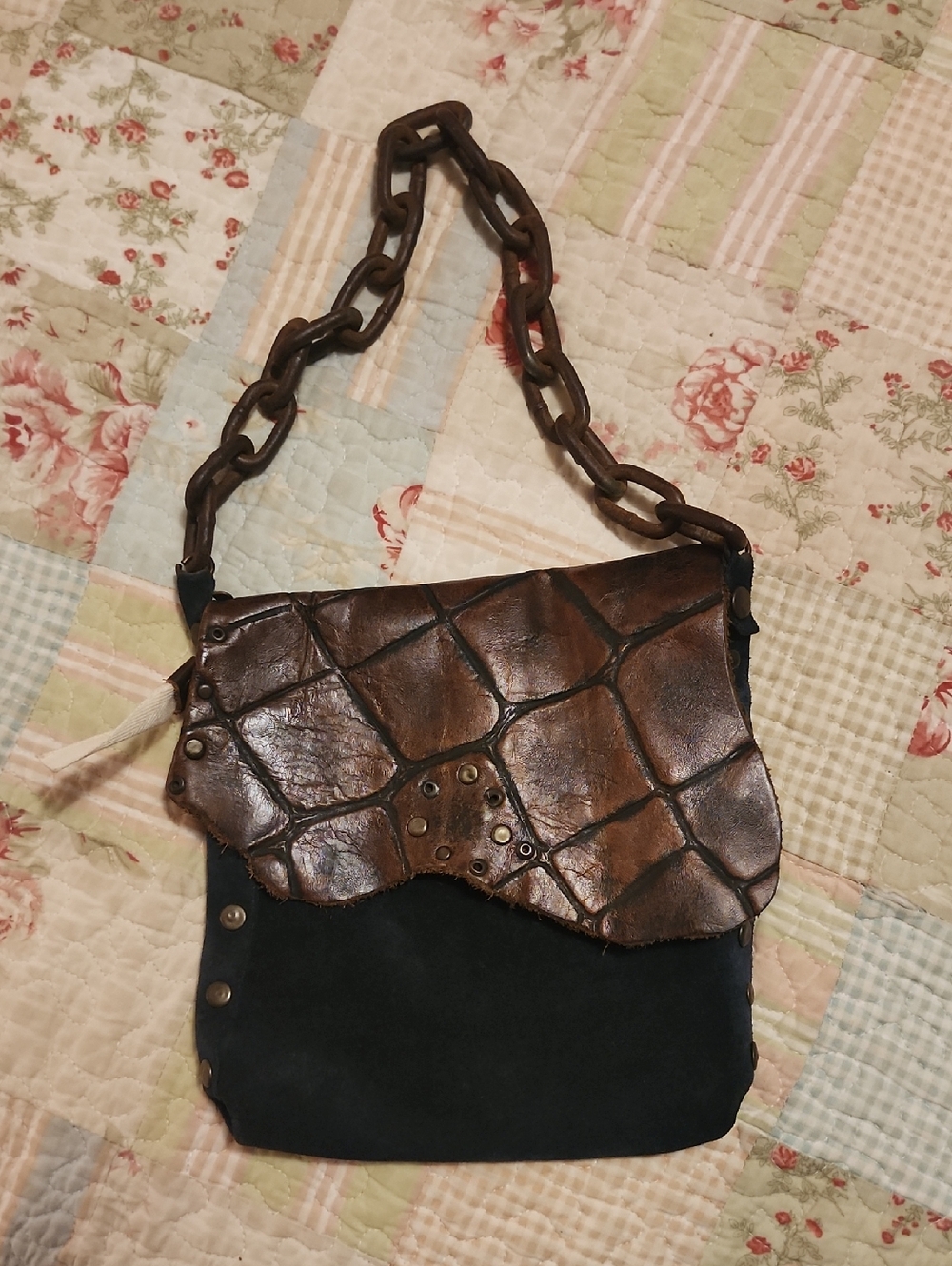 Artisan Textured Brown Leather Flap Mini Shoulder Bag with Black Body